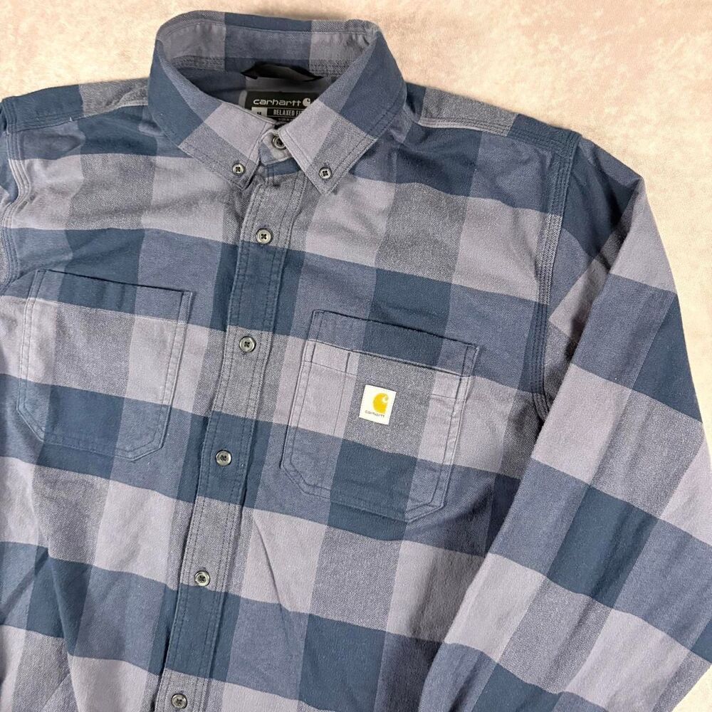 carhartt navy blue striped flannel button up - Picture 2 of 7